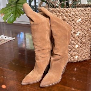 On trend, toffee suede knee high cowboy boots stacked 3 1/2” heels Sam Edelman